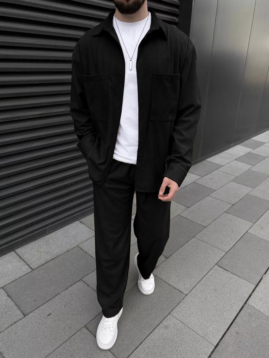 Street Fashion Style - Men's corduroy two-piece outfit: long-sleeved button-down